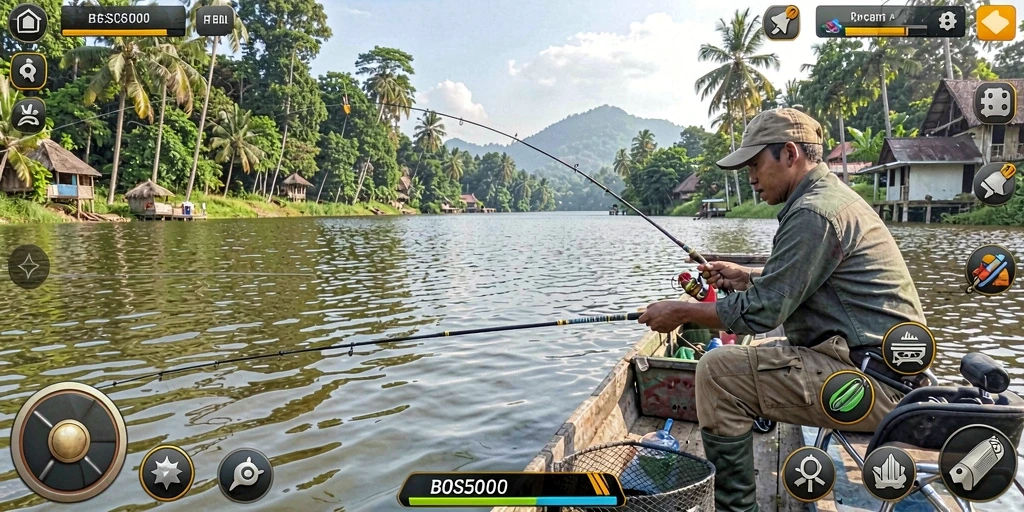 Gameplay memancing seru di BOS5000 dengan beragam ikan.