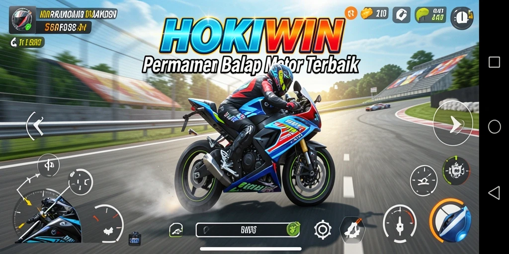 Tangkapan layar HOKIWIN menampilkan balapan motor yang mendebarkan dengan grafik yang menawan.