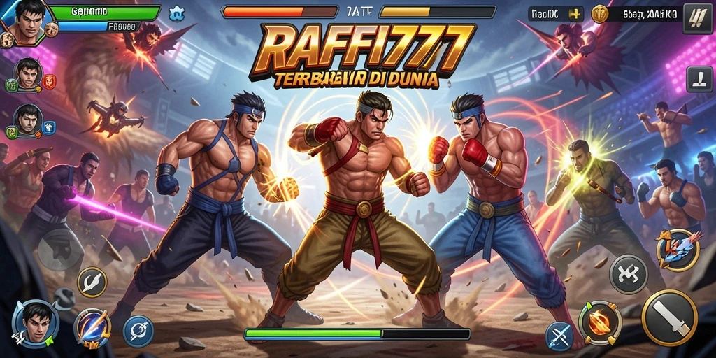 Tangkapan layar utama RAFFI777 menampilkan pertarungan seru di arena.